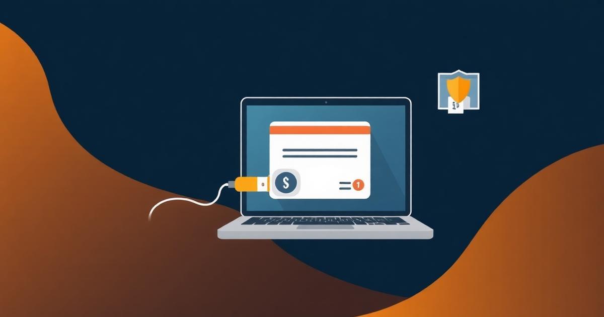 USB digital signature token connected to a laptop with a security certificate icon