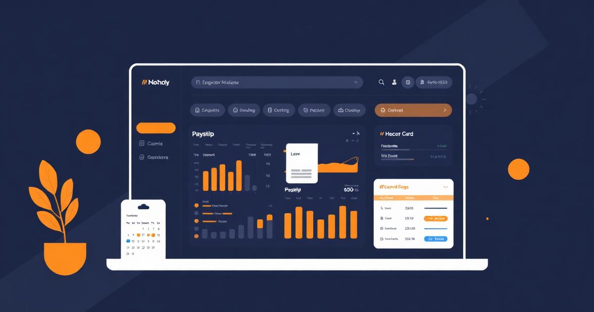 HR dashboard showing a leave calendar, payslip document and employee service record