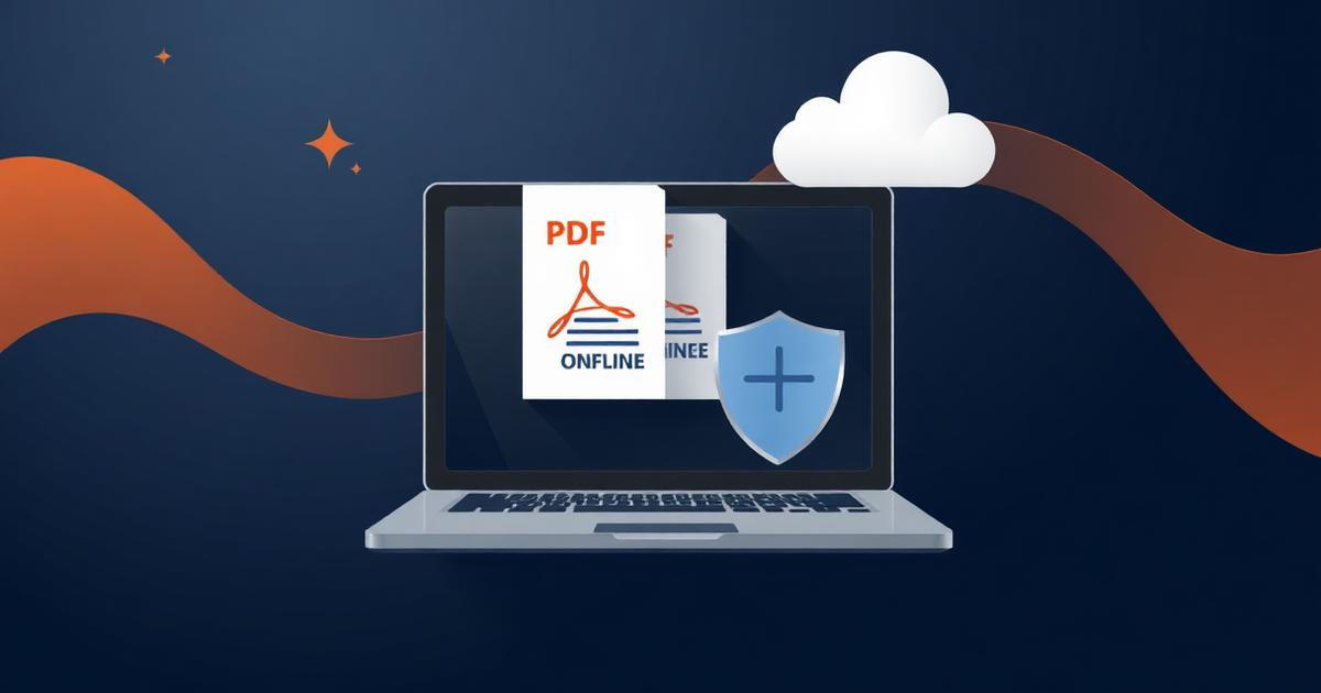 Laptop merging PDF documents offline with a privacy shield and crossed-out cloud